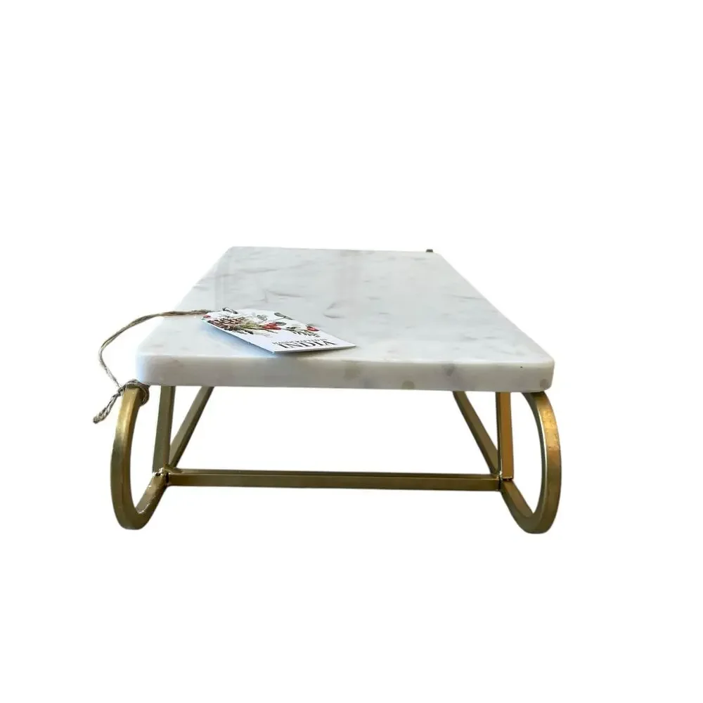 Marble Sledge Holiday Serving Tray 18x8 White & Gold Metal Handmade in India